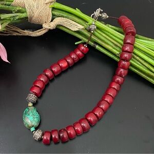 Handcrafted Red Coral & Turquoise Bali Toggle Clasp 17” Chunky Necklace 113g
